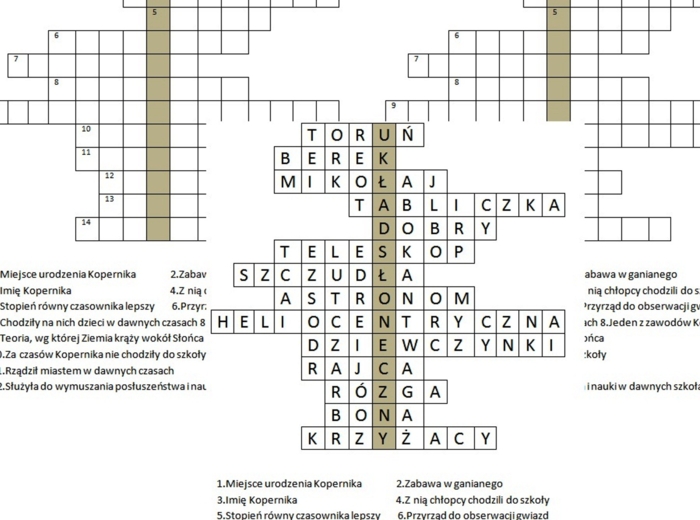 Logogryf dla klasy 3 szkoły podstawowej do lekcji o Mikołaju Koperniku