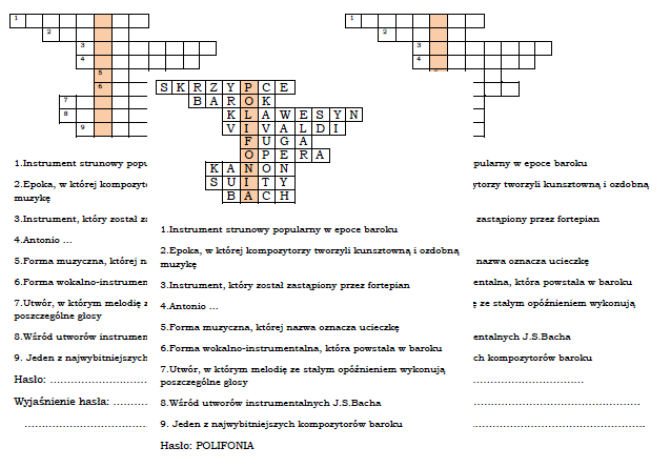 Logogryf na podsumowanie lekcji muzyki w klasie 6 o baroku