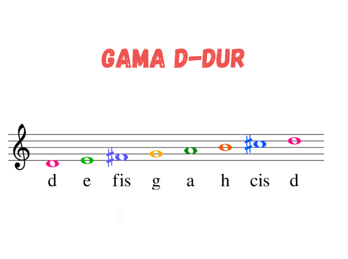 Muzyka. Nauka nut. Gama D-dur w kluczu wiolinowym. Duża, kolorowa czcionka.