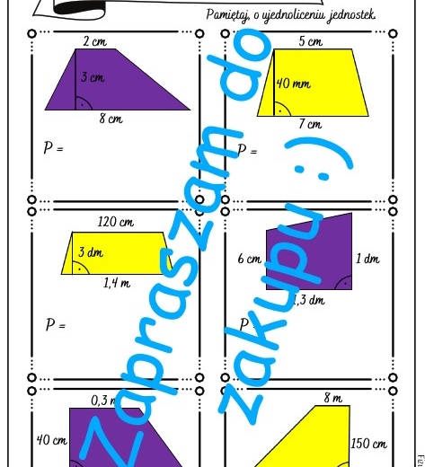 Karta pracy, kartkówka - obliczanie pól trapezów.