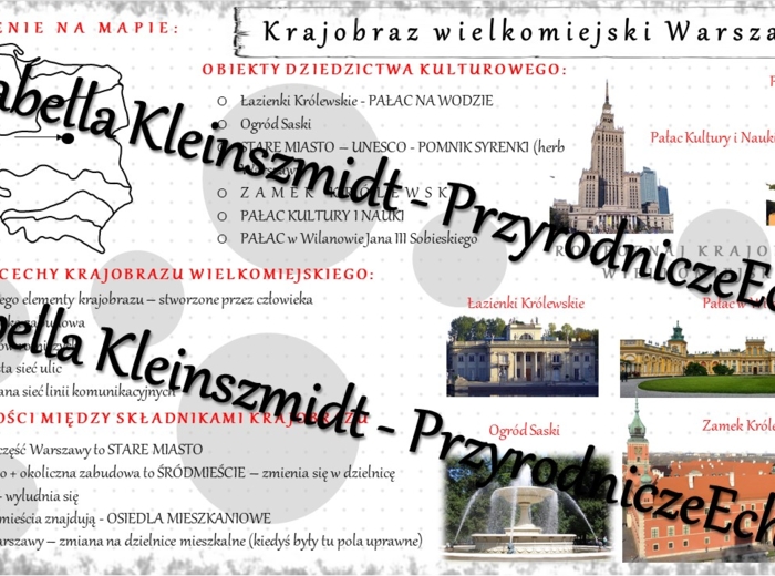 Sketchnotka/książeczka/notatka/wklejka/ściąga dla ucznia i przypomnienie dla nauczyciela/edukacja domowa. Temat „Krajobraz wielkomiejski Warszawy”. Materiał w pdf. Geografia 5, dział „Krajobrazy Polski”. Nowość 2024/2025.