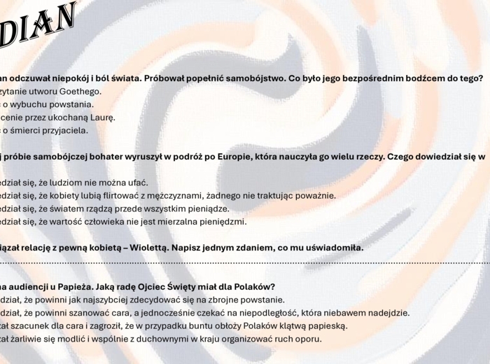 Test wprowadzający z lektury "Kordian"