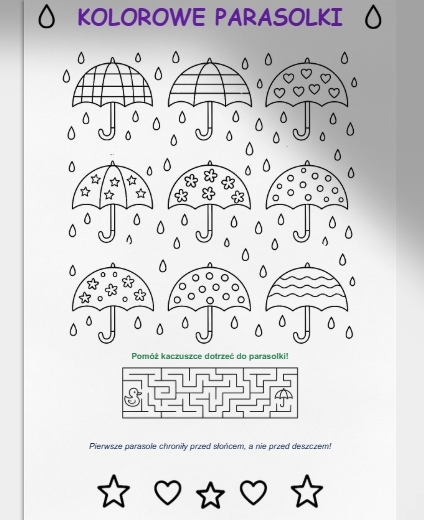 Kolorowanki: parasolki, kalosze, deszcz.