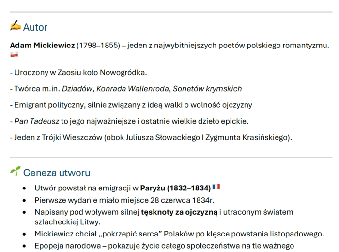 Notatka "Pan Tadeusz" Adama Mickiewicza