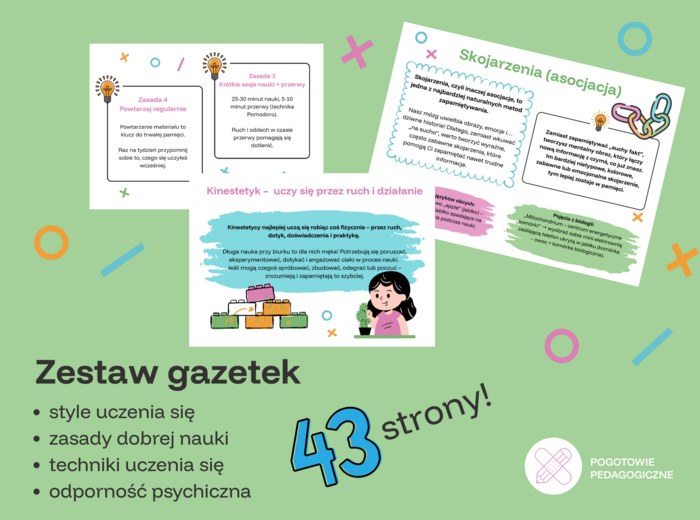 Zestaw gazetek klasowych na cały rok szkolny. Style uczenia się, zasady dobrej nauki, techniki uczenia się, odporność psychiczna.