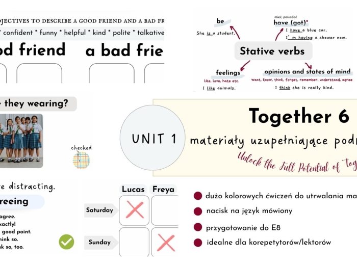 Together 6, unit 1, materiały uzupełniające podręcznik, no-prep, stative verbs, language functions