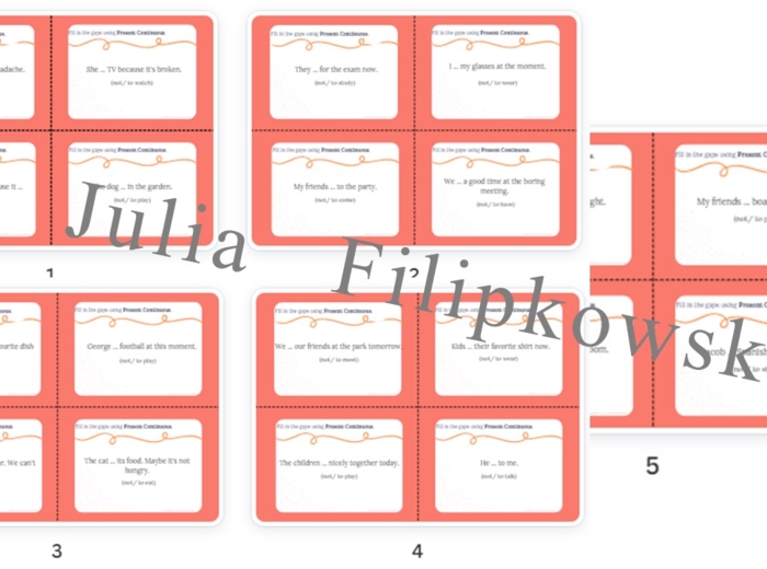 Present Continuous/ Karty do mówienia/ Mówienie/ Speaking/ Konwersacje/ Klasy 4-8/ Klasy 4-6/ Klasy 6-8/ SP/ Warm-up/ Rozgrzewka/ Speaking cards/ Gramatyka/ Grammar/ Speaking cards grammar/ Grammar cards/ E8