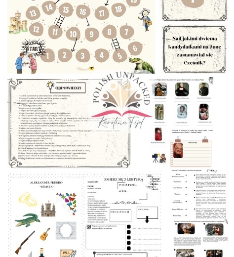 Zestaw 3 karty pracy + gra planszowa "Zemsta" Aleksander Fredro, lektura obowiązkowa, egzamin ósmoklasisty , -20%