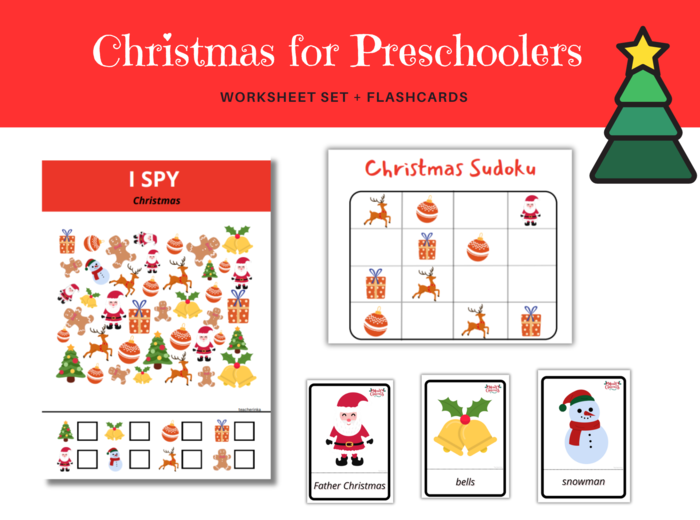 Christmas for Preschoolers Worksheet Set - Karta pracy dla przedszkolaków i uczniów zerówki do rozwijania umijętności słownictwa i logicznego myślenia, Święta Bożego Narodzenia, słownictwo, sudoku, gra I Spy, liczenie do 10, wzory, what comes next, dodat