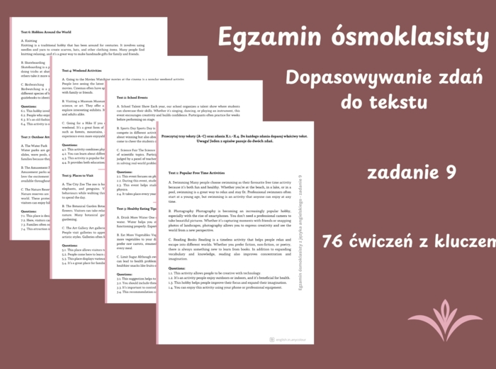 Angielski – Egzamin ósmoklasisty. Dopasowywanie zdań do tekstów (zadanie 9). 76 ćwiczeń z kluczem odpowiedzi