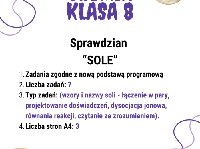 Chemia. Klasa 8. Sole. Sprawdzian wiadomości. Nowa podstawa programowa.