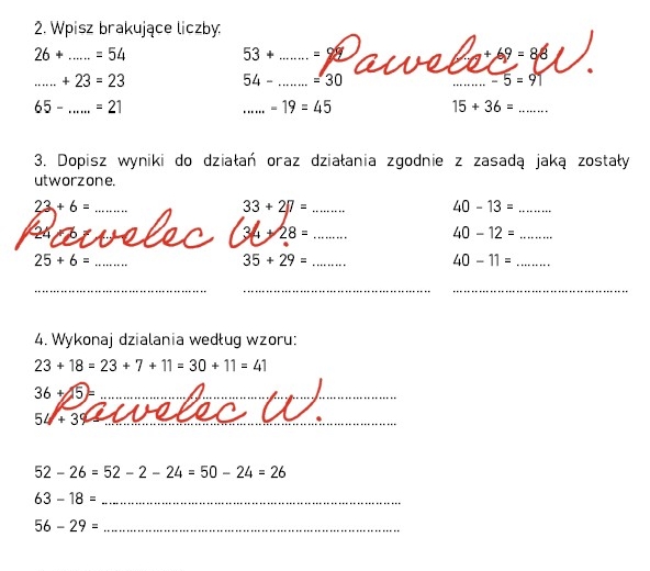 Dodawanie i odejmowanie w zakresie 100 - kl. 2, 3 - karta pracy, sprawdzian