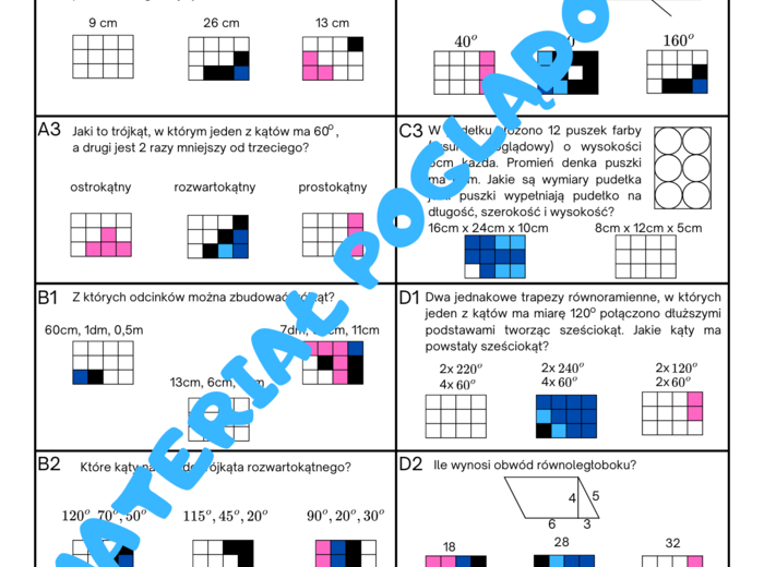 Kolorowanka xxl (nonogram) - powtórzenie wiadomości geometria. Klasa 5, klasa 6. Własności figur geometrycznych. Figury na płaszczyźnie.