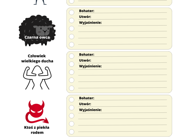 Karty pracy - dopasowanie frazeologizmów do bohaterów lektur