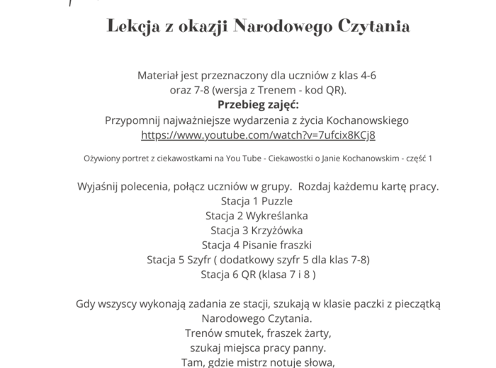 Narodowe Czytanie - lekcja o Kochanowskim, stacje zadaniowe