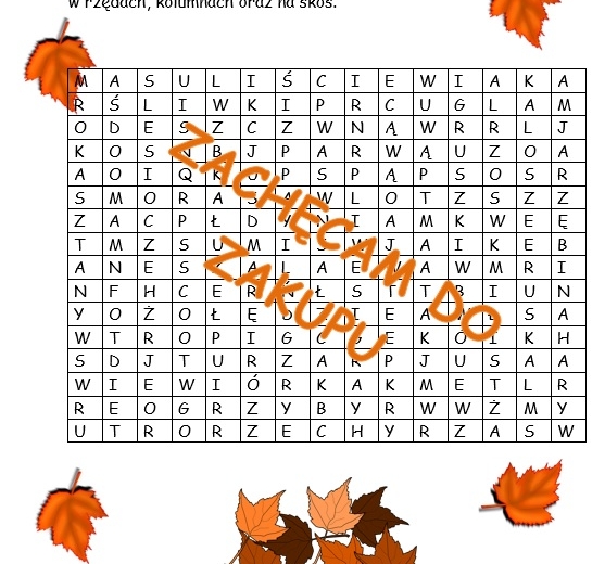 Jesienna wykreślanka- 15 słów, trening słownictwa, ortografii, koncentracji