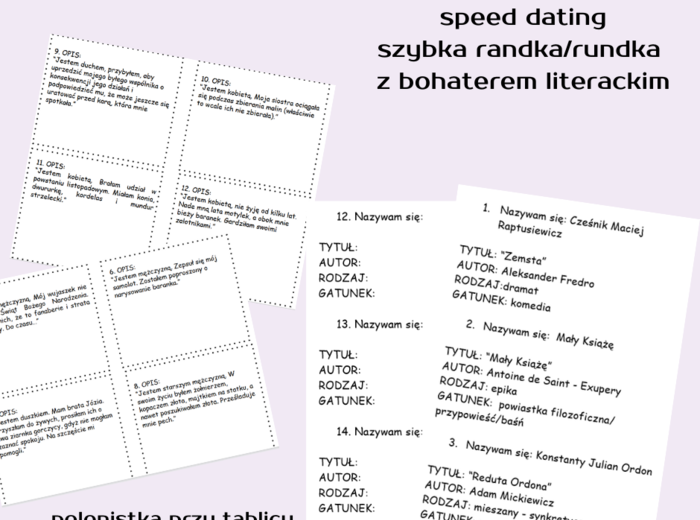 speed dating (szybka randka, rundka) z bohaterem literackim - powtórzenie z lektur klasa 7 przesiadka lekcja w ruchu