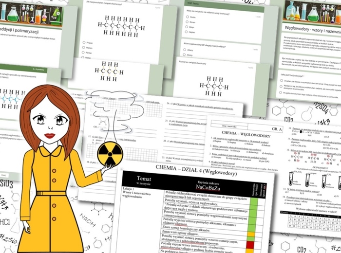 Chemia. Klasa 8. Węglowodory. Kompletny PAKIET materiałów do całego działu dla nauczyciela. Prezentacja. Karta pracy. Gra dydaktyczna. Zadanie. Sketchnotka. Powtórzenie wiadomości. Kartkówka. Sprawdzian.