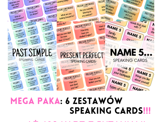 MEGA PAKA: 480 kart z pytaniami - 6 zestawów speaking cards - angielski - mówienie - różne czasy - Present Simple - Past Simple - Present Continuous - Past Continuous - Present Perfect + name 5 - matura ustna
