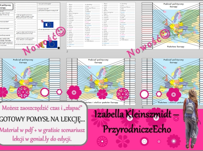 Pomysł na lekcję/karta pracy/stacje zadaniowe/notatki/ materiał do lekcji do tematu „Podział polityczny Europy” w pdf. W gratisie niekomercyjny scenariusz lekcji/pomysł na lekcję w programie genial.ly do edycji. Geografia 6. Dział „Środowisko przyrodnicz