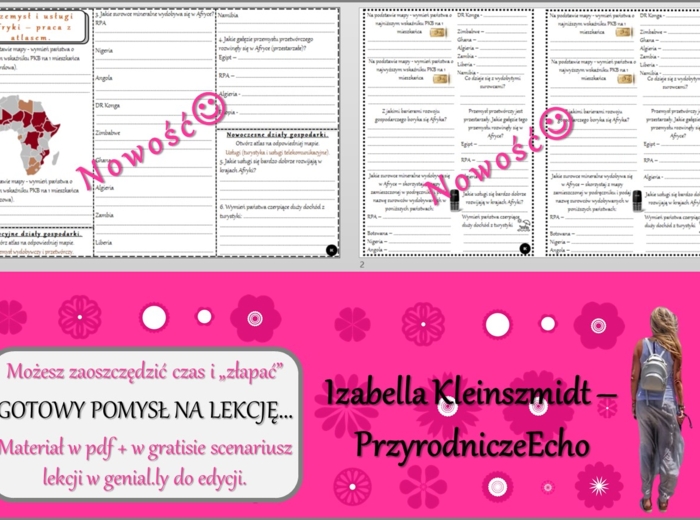 Pomysł na lekcję/karta pracy/stacje zadaniowe/notatki/ materiał do lekcji do tematu „Przemysł i usługi Afryki.” w pdf. W gratisie niekomercyjny scenariusz lekcji/pomysł na lekcję w programie genial.ly do edycji. Geografia 8. Dział „Afryka”.