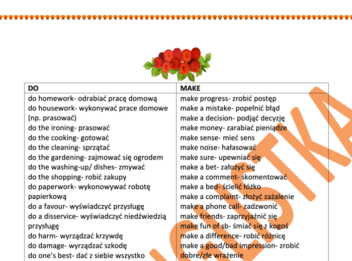 Do i Make - obszerna lista z kolokacjami wraz z tłumaczeniem na polski + 3 ćwiczenia z kluczem.
