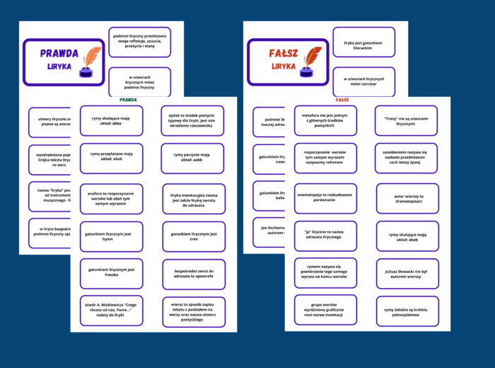 LIRYKA - prawda/fałsz - 46 fiszek- rodzaje literackie - powtórka