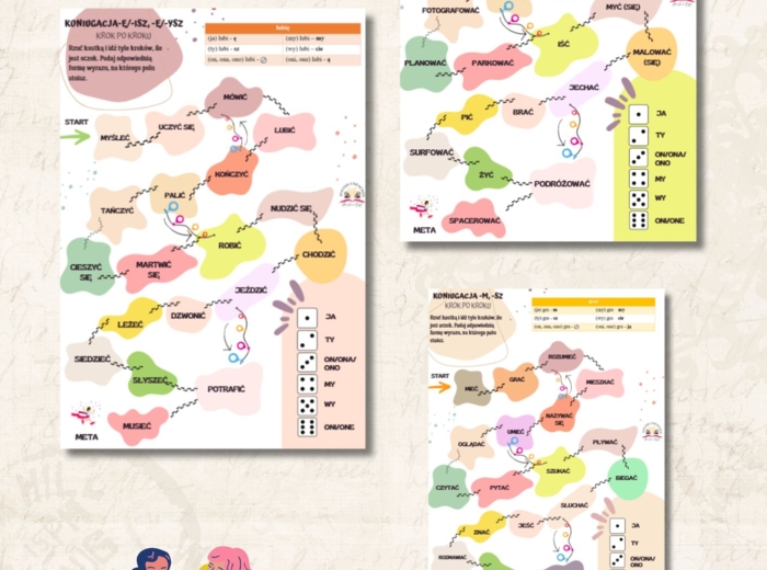 Zestaw gier planszowych koniugacja czasownika na poziomie A1, jezyk polski jako obcy