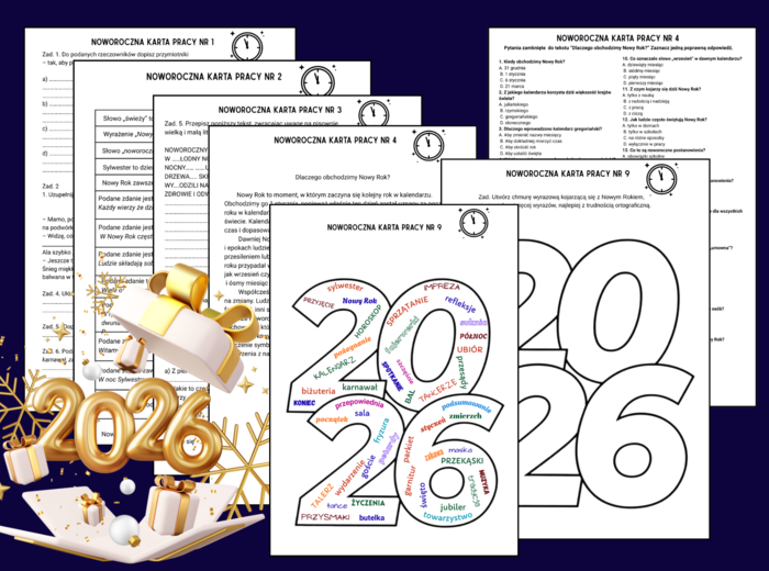 🎆 NOWOROCZNE KARTY PRACY  – nauka z motywem Nowego Roku 🎉 - 9 kart + odpowiedzi
