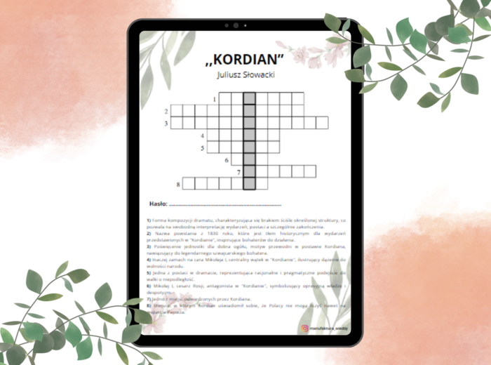 Krzyżówka - "Kordian" Juliusz Słowacki - romantyzm