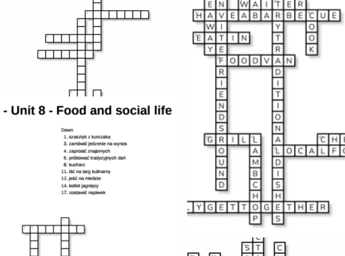 Brainy 7 – Unit 8 – krzyżówki – Food and health/Food and social life/Other