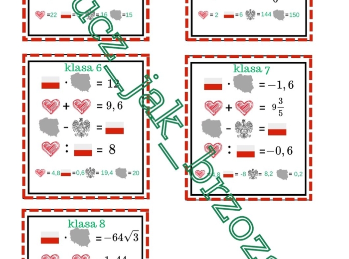 Zagadki obrazkowe, łamigłówki, 11 listopada, święto niepodległości, działania na liczbach