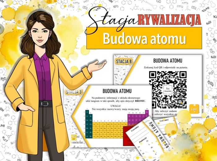 Stacja: RYWALIZACJA! Klasa 7. Chemia. Budowa atomu. Budowa materii. Powtórzenie wiadomości. Stacje zadaniowe. Praca grupowa. Zadanie. Gra dydaktyczna. MOC powtórki.