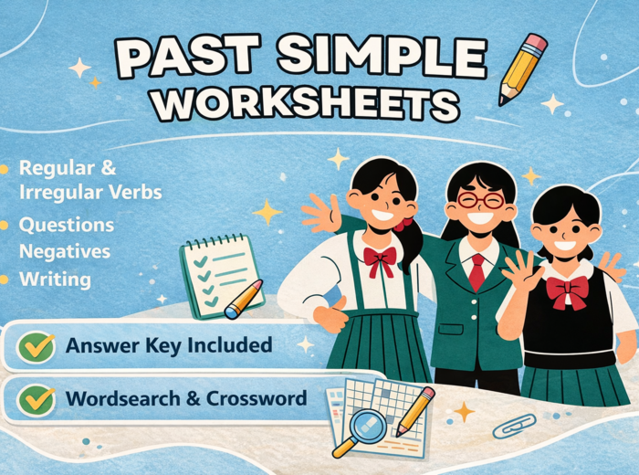 PAST SIMPLE – Kompletny zestaw zadań:  Czasowniki regularne & nieregularne, przeczenia, pytania, writing + BONUS: Wykreślanka & krzyżówka Irregular Verbs  | A2–A2+