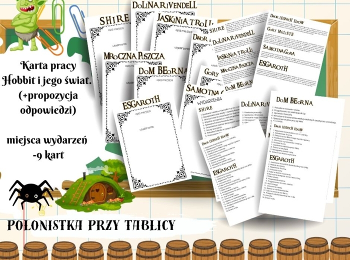 Hobbit i jego świat. Miejsca wydarzeń. 9 kart pracy + propozycja rozwiązań. Karta pracy