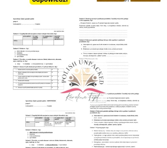 Sprawdzian epika i gatunki epickie, dwie wersje + odpowiedzi, klasa 5,6,7,8