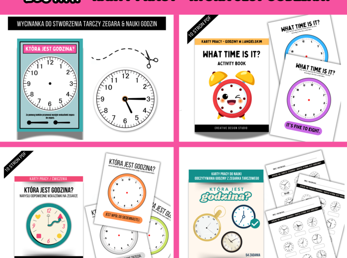 ZESTAW Kart Pracy : Która jest godzina? Ćwiczenia odczytu Godziny z Tarczy Zegara w j. Polskim & Angielskim + SZABLON do stworzenia Zegara.