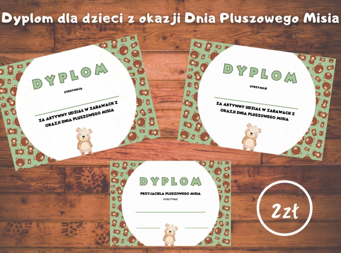 Dyplom dla dziecka lub grupy z okazji Dnia Pluszowego Misia