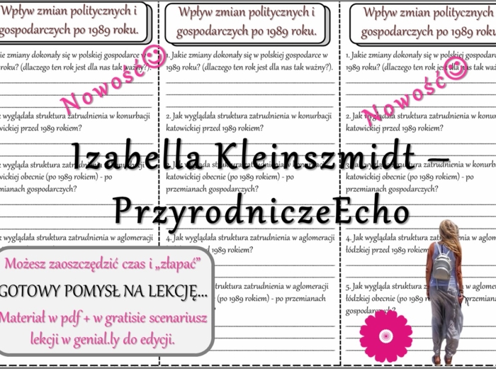 Pomysł na lekcję/karta pracy/stacje zadaniowe/notatki/ materiał do lekcji do tematu „Wpływ zmian politycznych i gospodarczych po 1989 roku” w pdf. W gratisie niekomercyjny scenariusz lekcji/pomysł na lekcję w programie genial.ly do edycji. Geografia 7. D