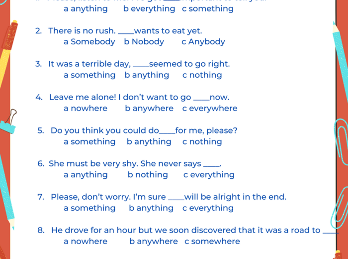 Zaimki nieokreślone -body, -one, -thing, -where - tabela