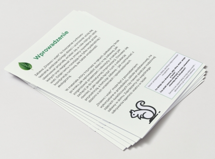 Zabawa w „Drzewo i wiatr”: dzieci odgrywają role drzew, ptaków, zwierząt.