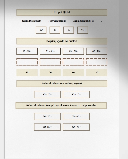 Dodawanie i odejmowanie dziesiątek. Karta pracy. Sprawdzian