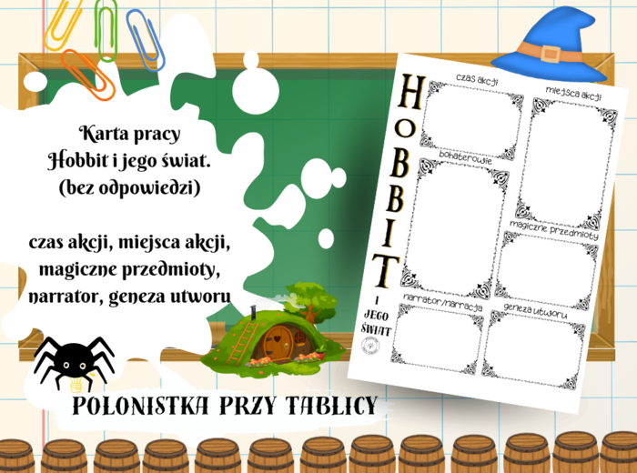 Hobbit i jego swiat - karta pracy, świat przedstawiony powieści, bez rozwiązań