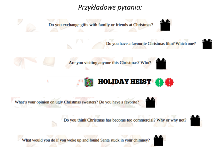 Holiday Heist - językowa gra, język angielski, pytania związane z Świętami Bożego Narodzenia, Christmas ESL questions, gra podobna do Kaboom!