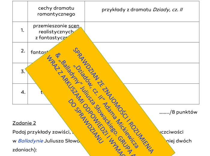 "Dziady, cz. II" Adama Mickiewicza & "Balladyna" Juliusza Słowackiego - duży sprawdzian z obu lektur z kluczem odpowiedzi.