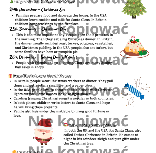 Christmas Traditions in Great Britain and the USA – karta pracy z czytanką A2