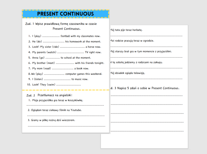 Present Continuous - łatwe ćwiczenia dla początkujących - klasa 4