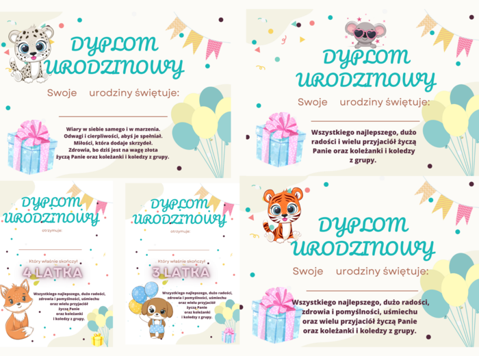 min 25 sztuk słodkich dyplomów urodzinowych - do samodzielnego uzupełnienia PDF