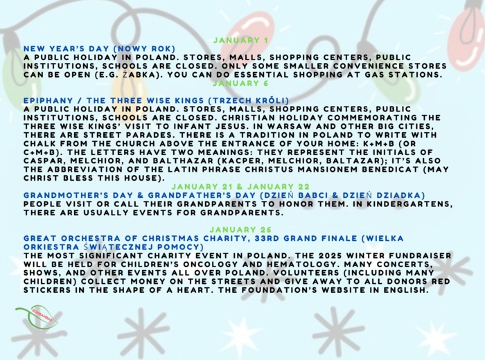 Styczeń January cały miesiąc z miejscem na notatki oraz opisem Polskich świąt w j. angielskim
