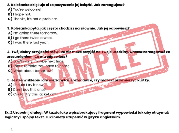 Egzamin 8-klasisty – Język Angielski | Zestaw zadań egzaminacyjnych: reakcje, dialogi, czytanie, tłumaczenia, e-mail + klucz odpowiedzi